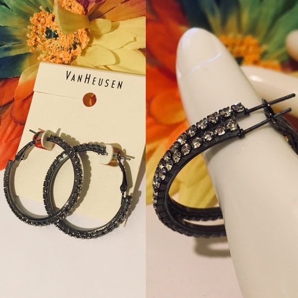 Van Heusen Paved Gunmetal Steel 40mm Hoop Earrings - Picture 4 of 5